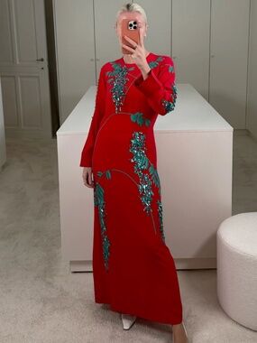 Bernadette Harry Embroidered Silk Crepe Midi Dress Red Wisteria EU 36 US 4
